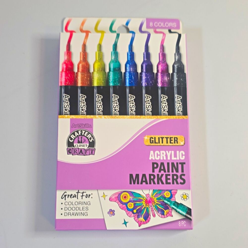 B9 ArtSkills Glitter Acrylic Paint Markers, Multicolor 8-Color Set (8 pc)